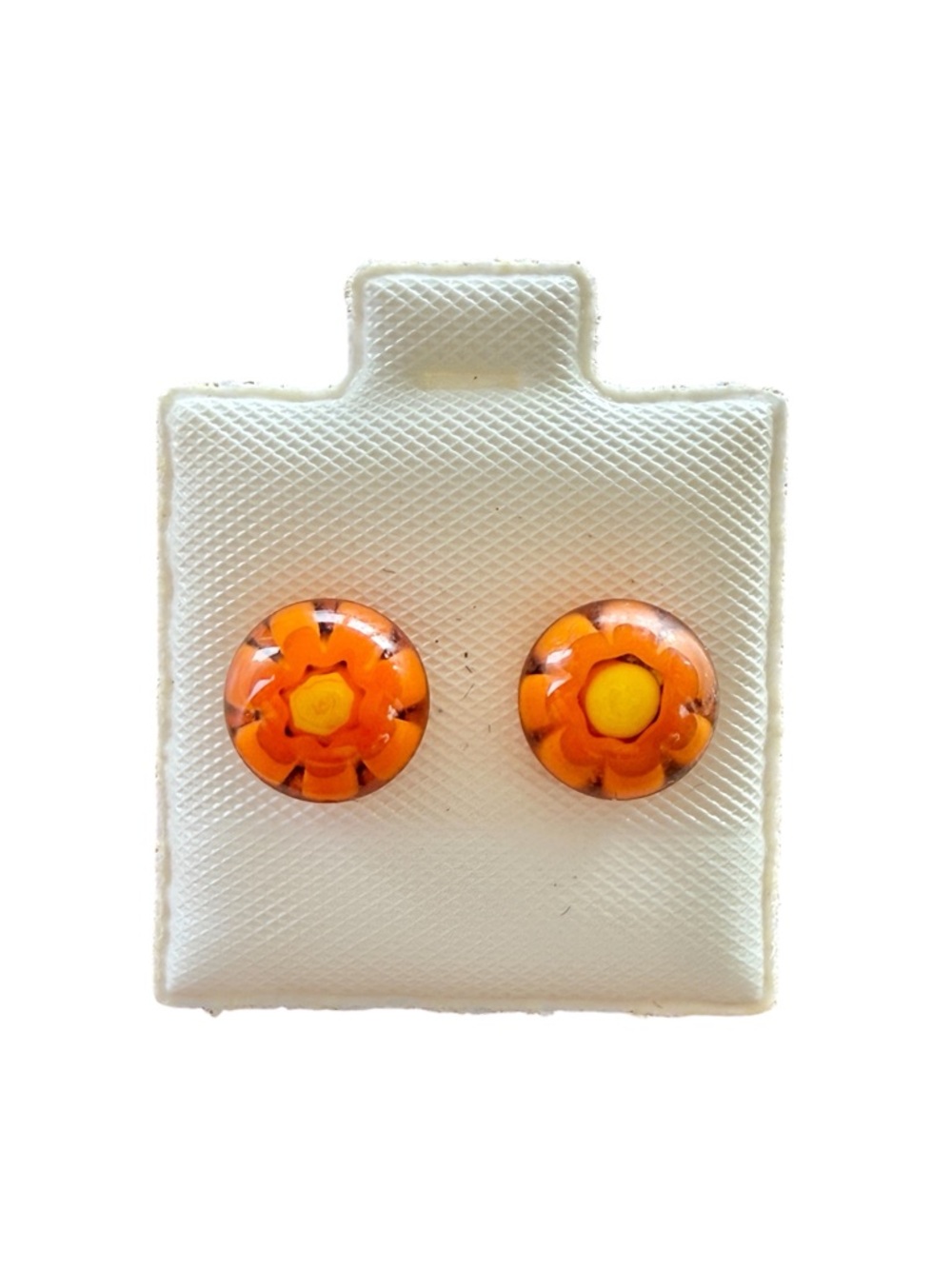 Vintage Y2K Millefiori Glass Stud Earrings Orange Yellow Floral Small Round NWT - Picture 1 of 4